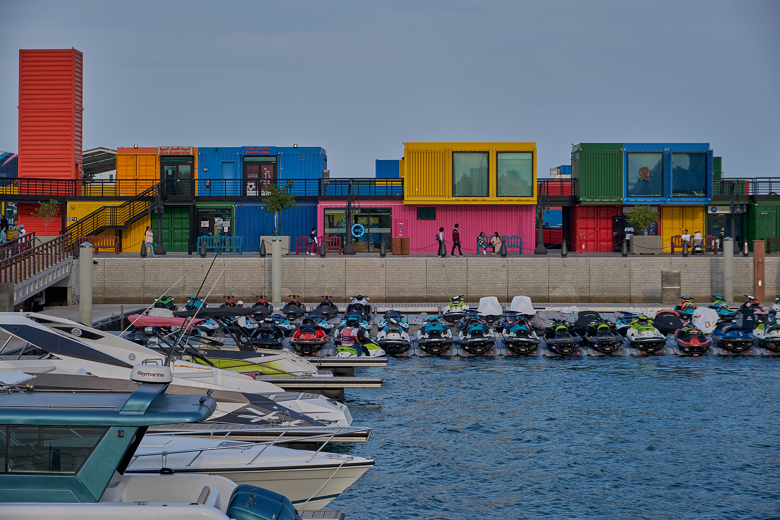 Doha, Qatar - December 23 2022: Box Park, located at the old Doha Port, is a leisure destination in Qatar. Made of colorful recycled containers with scenic panoramic views